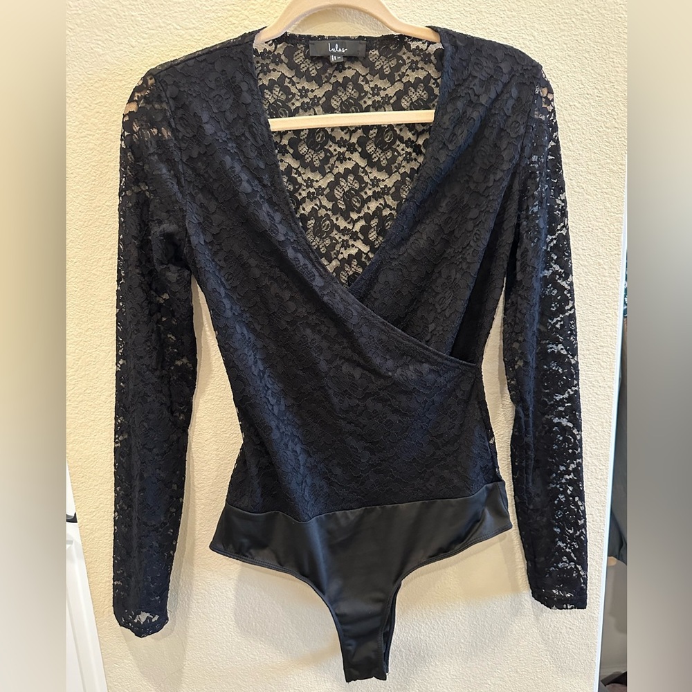 Lulu's Black Lace Long Sleeve Surplice Bodysuit with Faux-Leather Hem